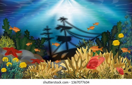 Underwater background with sunken ship, vector illustration