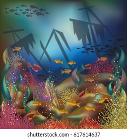 Underwater background sunken ship, vector illustration