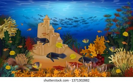 Underwater background with tropical fish and sand castle, vector illustration