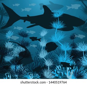 Underwater background with tropical fish and shark, vector illustration