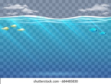 Underwater background with tropical fish and sky in vector graphics. Blue waves and transparent rays