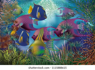 Underwater Background Tropical Fish Vector Illustration Stock Vector ...