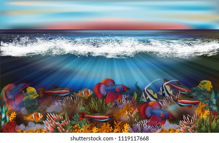 Underwater background with tropical fish, vector illustration