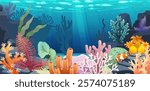 Underwater background. Undersea floor, coral sea, fish and seaweed, different colorful algae. Decorative art landscape. Aquarium backdrop. Tropical marine scene. Vector cartoon isolated illustration