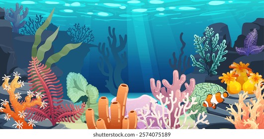 Underwater background. Undersea floor, coral sea, fish and seaweed, different colorful algae. Decorative art landscape. Aquarium backdrop. Tropical marine scene. Vector cartoon isolated illustration