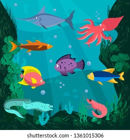 Underwater background with various sea views. Underwater scene. Cute sea  fishes ocean underwater animals. Undersea bottom with corals seaweeds kids cartoon vector concept