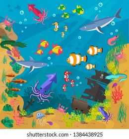 Underwater background with various sea views. Underwater scene. Cute sea fishes ocean underwater animals. Undersea bottom with corals seaweeds kids cartoon vector concept