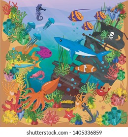 Underwater background with various sea views. Underwater scene. Cute sea fishes ocean underwater animals. Undersea bottom with corals seaweeds kids cartoon vector concept