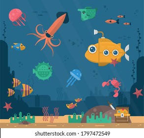 Underwater background with various sea views. Underwater scene. Cute sea fishes ocean underwater animals. Undersea bottom with corals seaweeds kids cartoon vector concept. Flat design