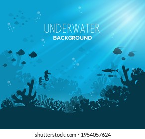 Fondo submarino con diversas vistas al mar. Escena submarina. Los peces de agua dulce pescan los animales submarinos del océano. Fondo submarino con corales algas marinas concepto de vector de dibujos animados para niños