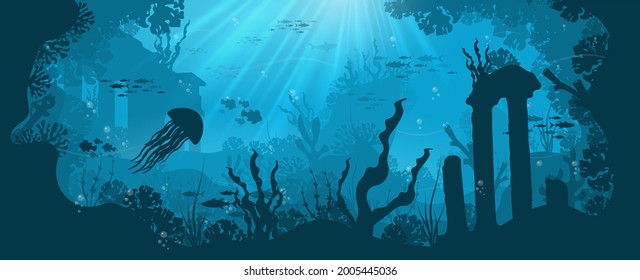 Underwater background with various sea views. Underwater scene. Cute sea fishes ocean underwater animals. Undersea bottom with corals seaweeds kids cartoon vector concept