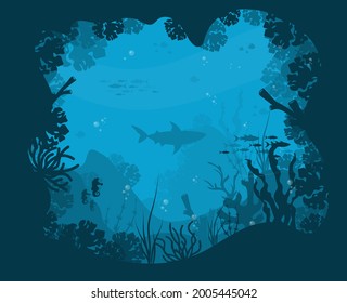 Underwater background with various sea views. Underwater scene. Cute sea fishes ocean underwater animals. Undersea bottom with corals seaweeds kids cartoon vector concept