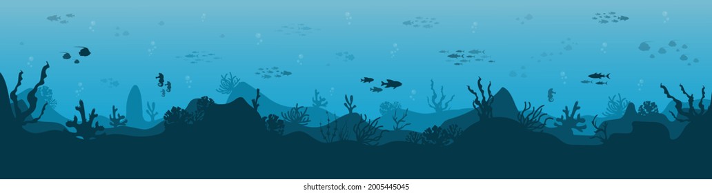 Underwater background with various sea views. Underwater scene. Cute sea fishes ocean underwater animals. Undersea bottom with corals seaweeds kids cartoon vector concept