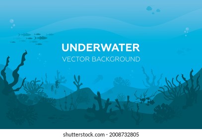 Underwater background with various sea views. Underwater scene. Cute sea fishes ocean underwater animals. Undersea bottom with corals seaweeds kids cartoon vector concept