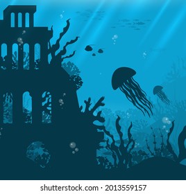 Underwater background with various sea views. Underwater scene. Cute sea fishes ocean underwater animals. Undersea bottom with corals seaweeds 