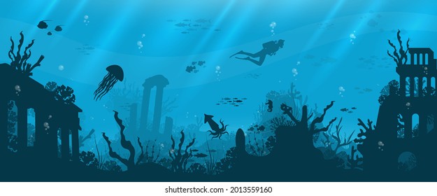 Underwater background with various sea views. Underwater scene. Cute sea fishes ocean underwater animals. Undersea bottom with corals seaweeds 