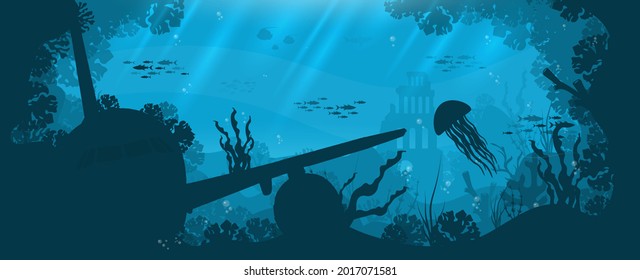 Unterwasserhintergrund mit verschiedenen Meerblick. Unterwasserszene. Cute Sea fischt Meerestiere unter Wasser. Unterseeboden mit Meeresalgen 