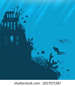 Underwater background with various sea views. Underwater scene. Cute sea fishes ocean underwater animals. Undersea bottom with corals seaweeds 