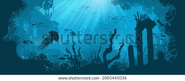 Underwater\
background with various sea views. Underwater scene. Cute sea\
fishes ocean underwater animals. Undersea bottom with corals\
seaweeds kids cartoon vector\
concept