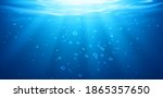 Underwater background, water surface, ocean, sea, swimming pool transparent aqua texture with air bubbles, ripples and sun rays falling, template for advertising. Realistic 3d vector illustration