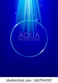 Underwater background, water surface, ocean, sea, swimming pool transparent aqua texture with waves, ripples and sun rays falling to bottom, template for advertising. Realistic 3d vector illustration