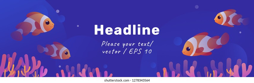 Underwater banner with clownfishes and corals on purple background. Vector illustration in colorful style.