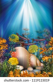 Underwater banner with cohch shell, vector illustration