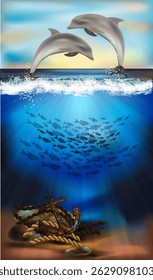 Underwater banner with  dolphins and old anchor. vector illustration