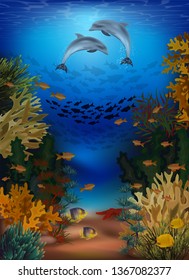 Underwater banner with dolphins, vector illustration