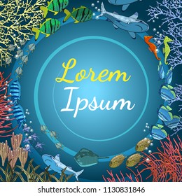 Underwater banner with exotic fish, seahorses, sharks, starfish, coral, Stingray. Hand drawn vector