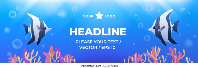 Underwater banner with fishes and corals. Vector illustration in colorful style.