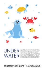 Underwater banner with fishes, seal, turtle, star and ware in modern flat style. Ocean animal character. Isolated cute cartoon animal with plants. Vector Illustration design 