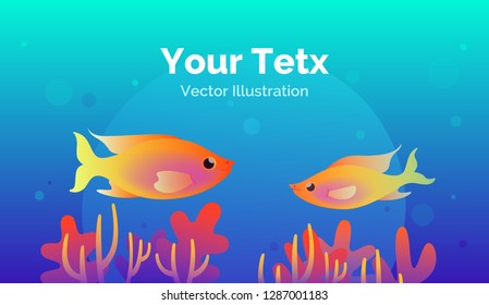 Underwater banner with multicolored fishes and corals on blue background. Vector illustration in colorful style.