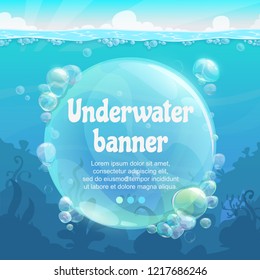 Underwater banner with shiny air bubbles on the blue sea bottom background. Vector ocean illustraton.