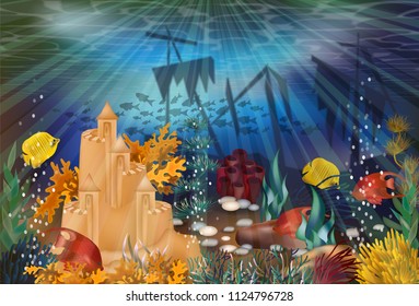 Underwater banner with ship and sand castle, vector illustration