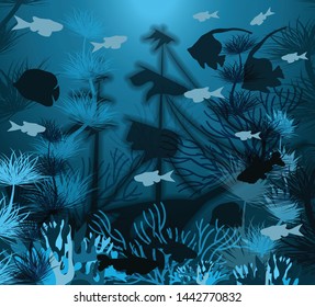 Underwater banner with ship sunken tropical fish, vector illustration