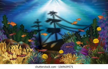 Underwater banner with sunken ship and tropical fish, vector illustration