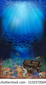 Underwater banner with treasure chest box and skulls. vector illustration	