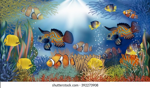 Underwater banner with tropical fish, vector illustration