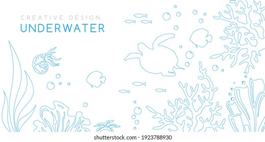 Underwater banner. Vector background in linear style with reef landscape. Turtle, corals, fish, polyps, shellfish and seaweeds and other sea wildlife.