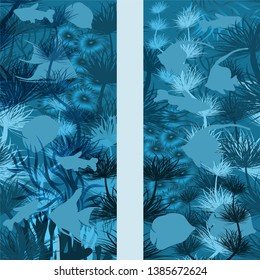 Underwater  banners with algae and  tropical fish, vector illustration