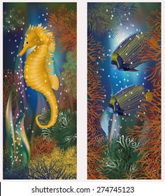 Underwater banners with seahorse and fish, vector illustration