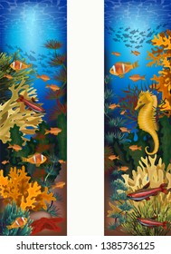 Underwater banners with starfish, seahorse and tropical fish, vector illustration