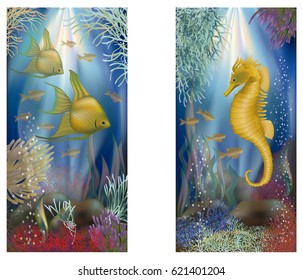 Underwater banners with tropical fish, vector illustration