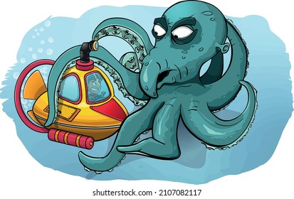 An underwater battle between a giant octopus and a diver. Vector clipart