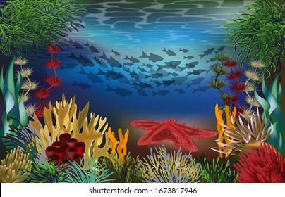 Underwater beautiful landscape wallpaper with starfish, vector illustration