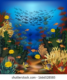 Underwater beautiful landscape wallpaper with tropical fish, vector illustration