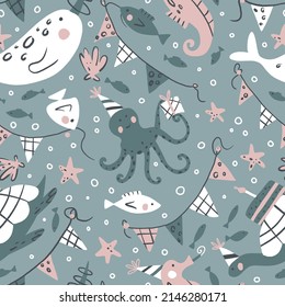 Underwater birthday party vector seamless pattern for kids - for fabric, wrapping, textile, wallpaper, background.