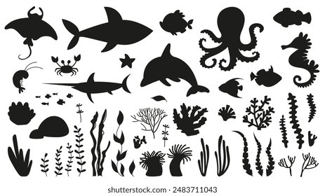 Underwater black silhouettes. Seaweeds fish and sea animals. Silhouette of seahorse dolphin shark octopus crab. Ocean plants, vector clipart