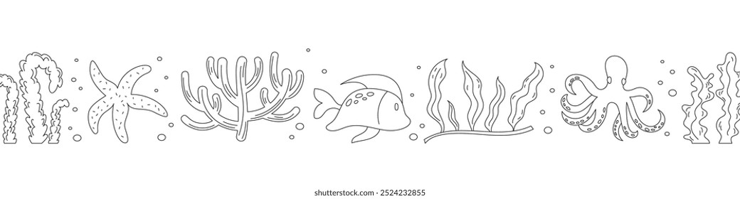 Siluetas submarinas en blanco y negro que muestran varias especies marinas, incluyendo algas marinas, corales, estrellas de mar, peces y pulpos. La Imagen captura el océano, el arrecife y la vida marina.